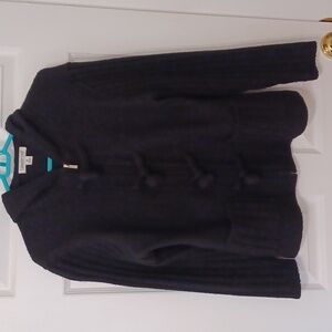 Coldwater Creek sz M, full zip, hooded wool cardigan with pom pom closures.